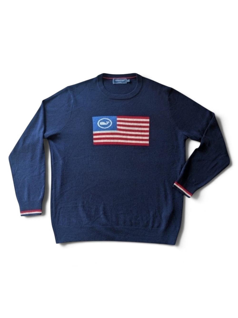 Vineyard Vines 100% Cashmere Mens Large Navy Blue American Flag Whale Sweater